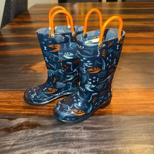 Western Chief Navy Dinosaur Rain Boots with Orange Handles
